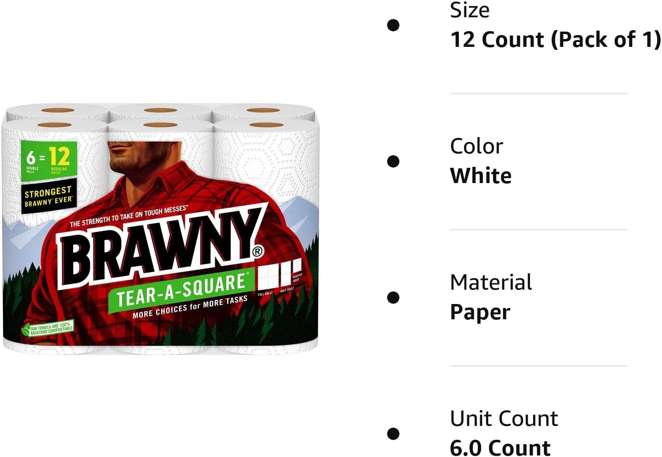 Brawny® Tear-A-Square® Paper Towels, 6 Double Rolls = 12 Regular Rolls