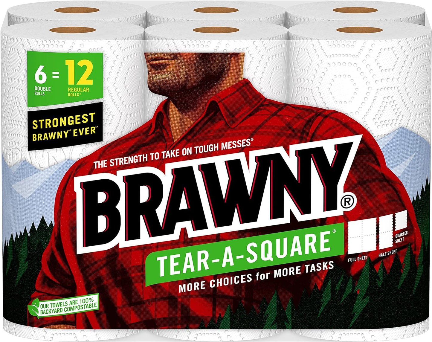 Brawny® Tear-A-Square® Paper Towels, 6 Double Rolls = 12 Regular Rolls